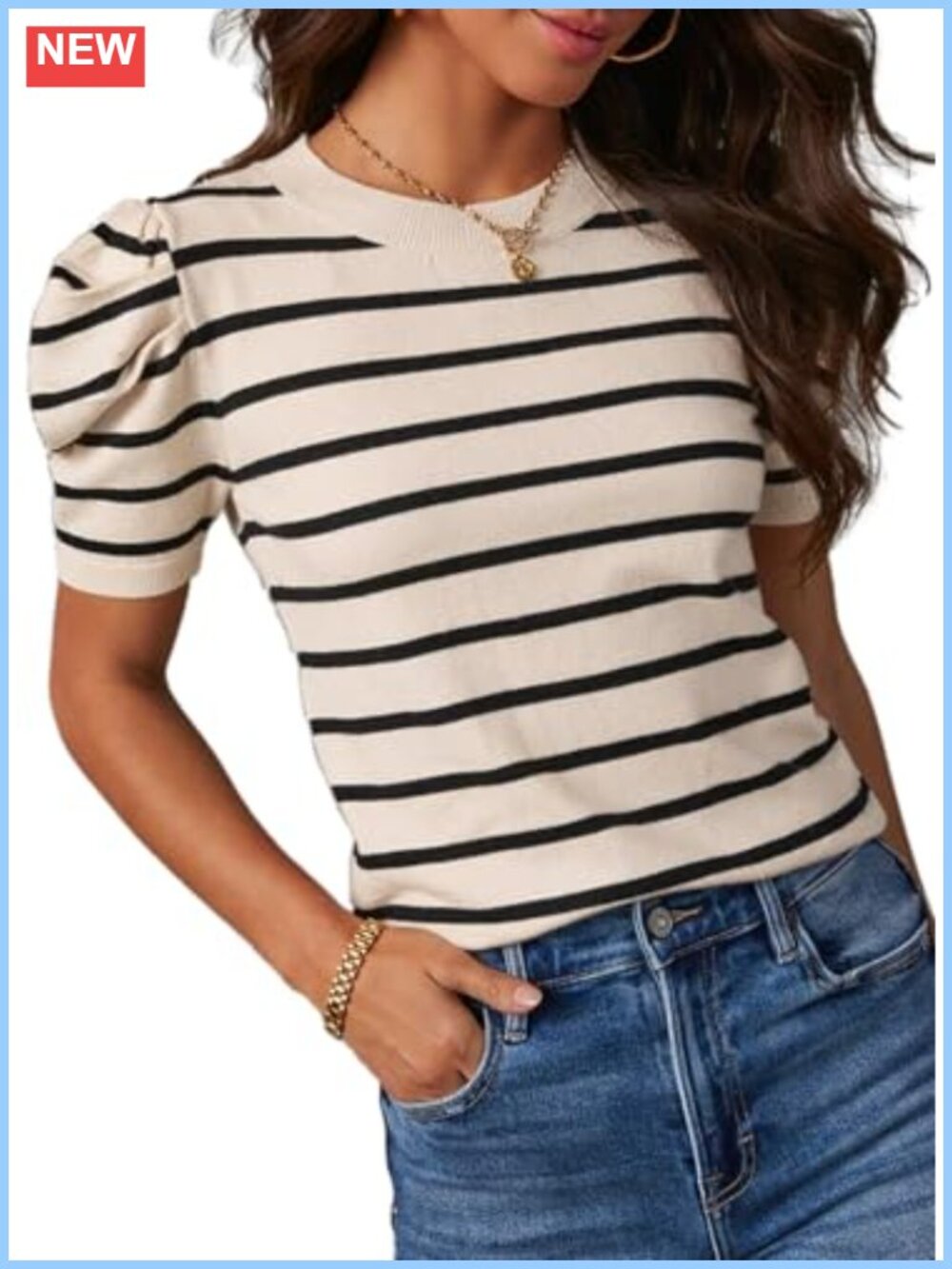 Women's Striped Crewneck Short Puff Sleeve Knit Top Lightweight Pullover